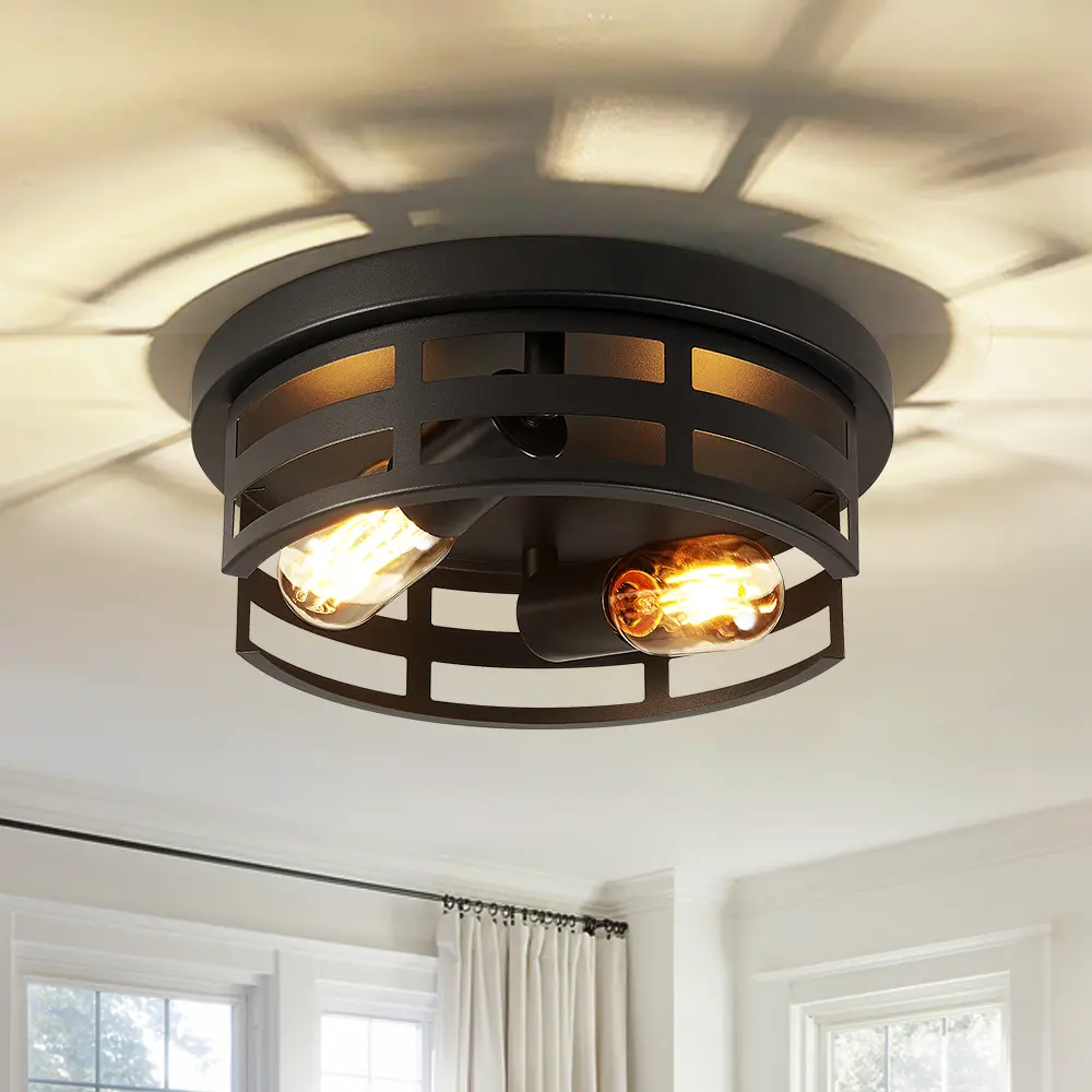 Industrial Flush Mount Ceiling Light | Black Metal Cage, E26 Base, 60W, 110V, for Hallway, Kitchen, Bedroom, Farmhouse Home Decor