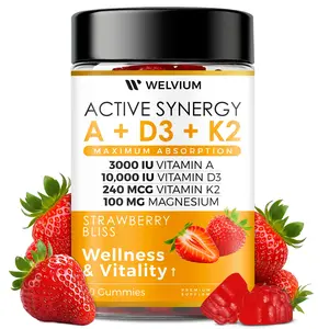 WELVIUM Active Synergy A D3 K2 Gummies 10000 IU with Magnesium Glycinate Calcium B12 K2 MK-7 Vitamins A E Natural Strawberry Flavor for Bone Muscle Health Healthcare Dietary Fitness Bathroom Supplement Energy Antioxidants Probiotics