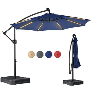 【TK Subsidy Benefit】10ft/9ft/7.5ft Solar Lights Offset Cantilever Patio Umbrella - w/Light and Base, LED Lighted Offset Hanging Patio Outdoor Market Umbrella UPF50+ UV Protection with Easy Tilt and Crank, with Beaded Lamp