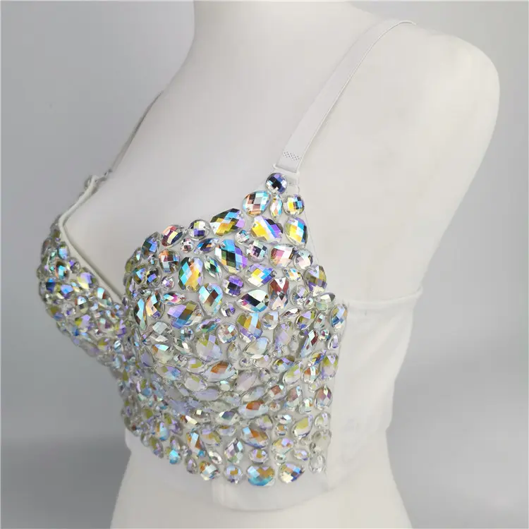 Women's Short Sleeveless Body-Hug Knit Tube Top - Elastic, Hand-Sewn AB Rhinestones, Sparkly Sequins, Goth Cami for Ethnic Tribe Belly Dance, Nightclub Stage Performance Wear