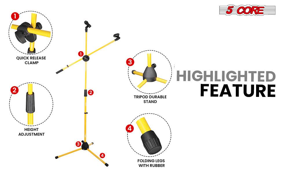 5 Core Dual Microphone Stand 2 Pack, Adjustable Tripod Floor Stand with Boom Arm, Yellow