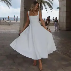 Women's Elegant Square Neck Sleeveless Waist-Cinching Strap Dress Casual Womenswear Summer Basic