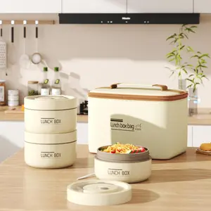 4 Pcs Insulated Bento Box Portable Stainless Steel Food Container Round Microwave Safe Stackable Leakproof Thermal Food Container With Insulated Bag For Adult Men Women Office Work Picnic Travel Daily Use Beige