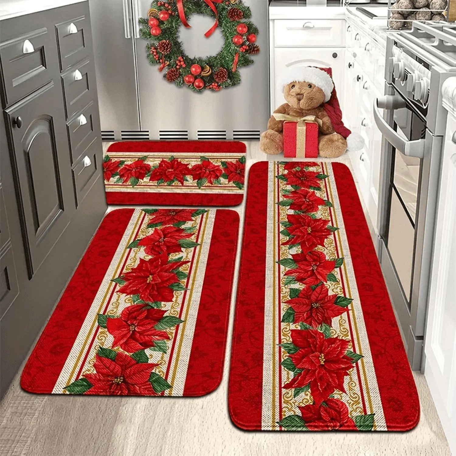 Christmas kitchen rug set, featuring a red poinsettia floral pattern with vintage gold accents, and flannel non-slip mats for kitchens, entryways, hallways, and laundry rooms.