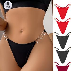 6 Psc Set Heart Metal Decor Glitter Tape Thongs Low Waist Comfy Panty, Women's Lingerie & Underwear Black Red best underwear for women SpringStatements Fit Soft