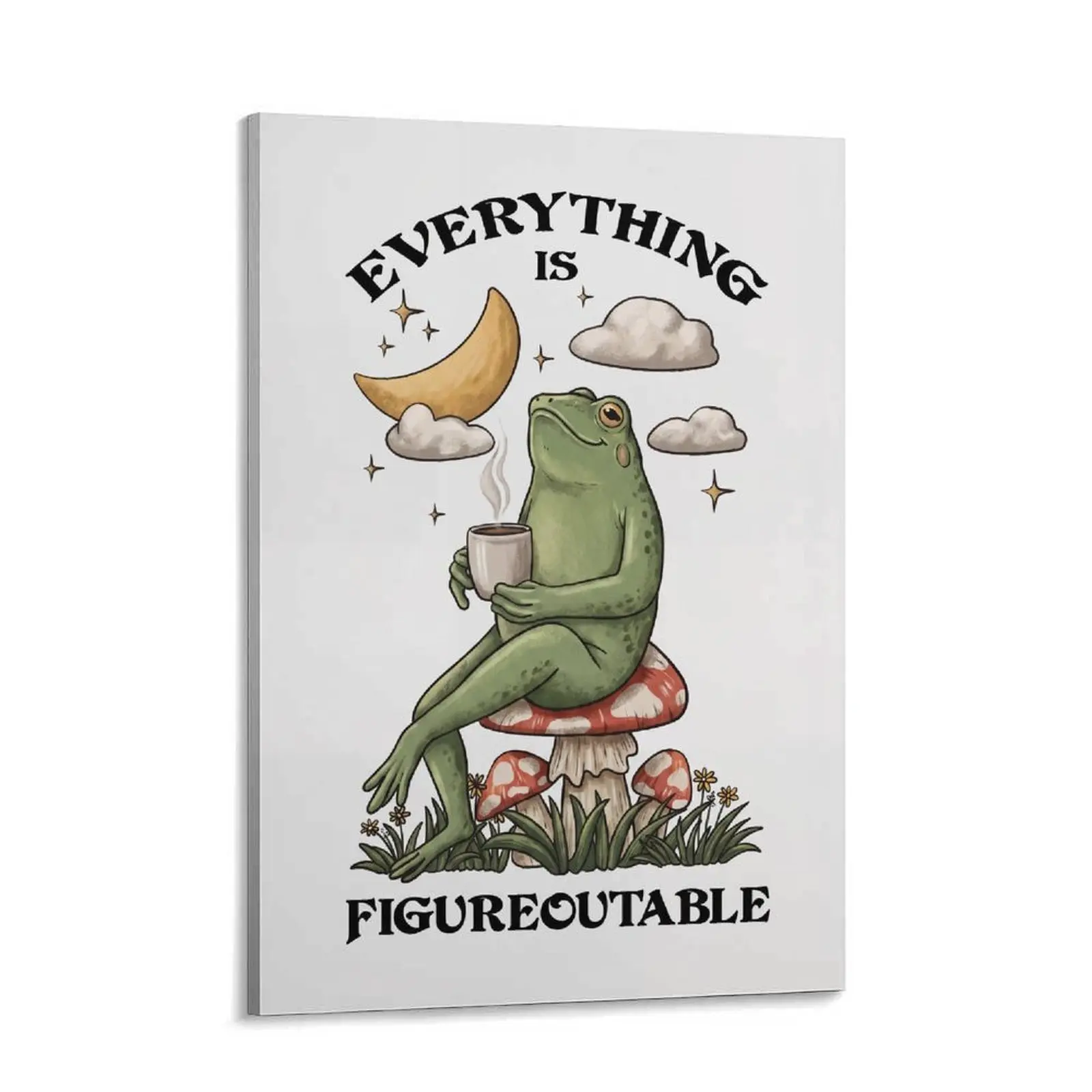 Everything Is Figureoutable Frog Canvas Wall Art | Cozy Motivational Meme Poster for Bedroom, Dorm, Office, Self Care Space, Cottagecore Decor, Emotional Support Frog Artwork, Soft Life Aesthetic