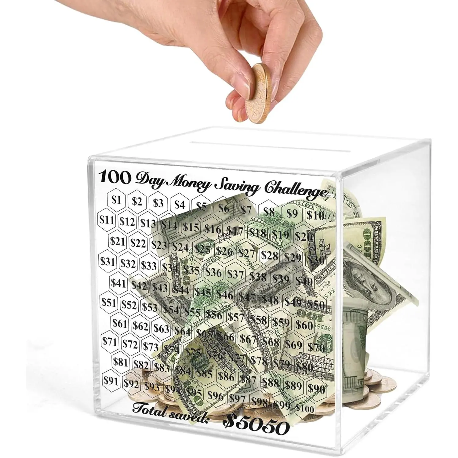 Unbreakable Clear Acrylic Piggy Bank for Adults - Smash-to-Open Money Box, 100-Day Cash Coin Saving Challenge Gift to Save $5050