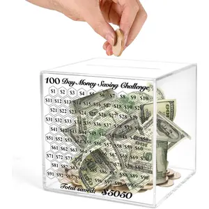 Unbreakable Clear Acrylic Piggy Bank for Adults - Smash-to-Open Money Box, 100-Day Cash Coin Saving Challenge Gift to Save $5050