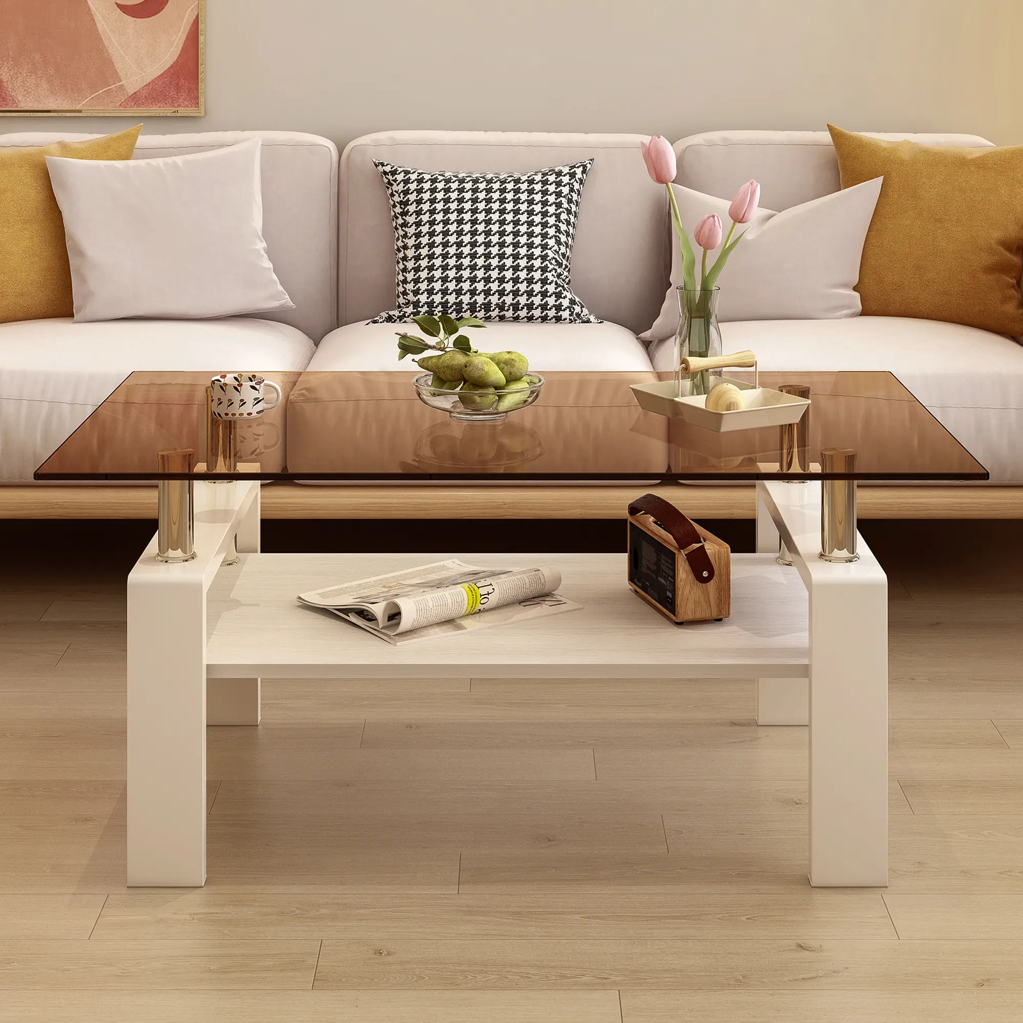 Living Room Rectangle Coffee Table, Tea Table Suitable for Waiting Room, Modern Side Coffee Table with Wooden Leg, Glass Tabletop with Lower Shelf