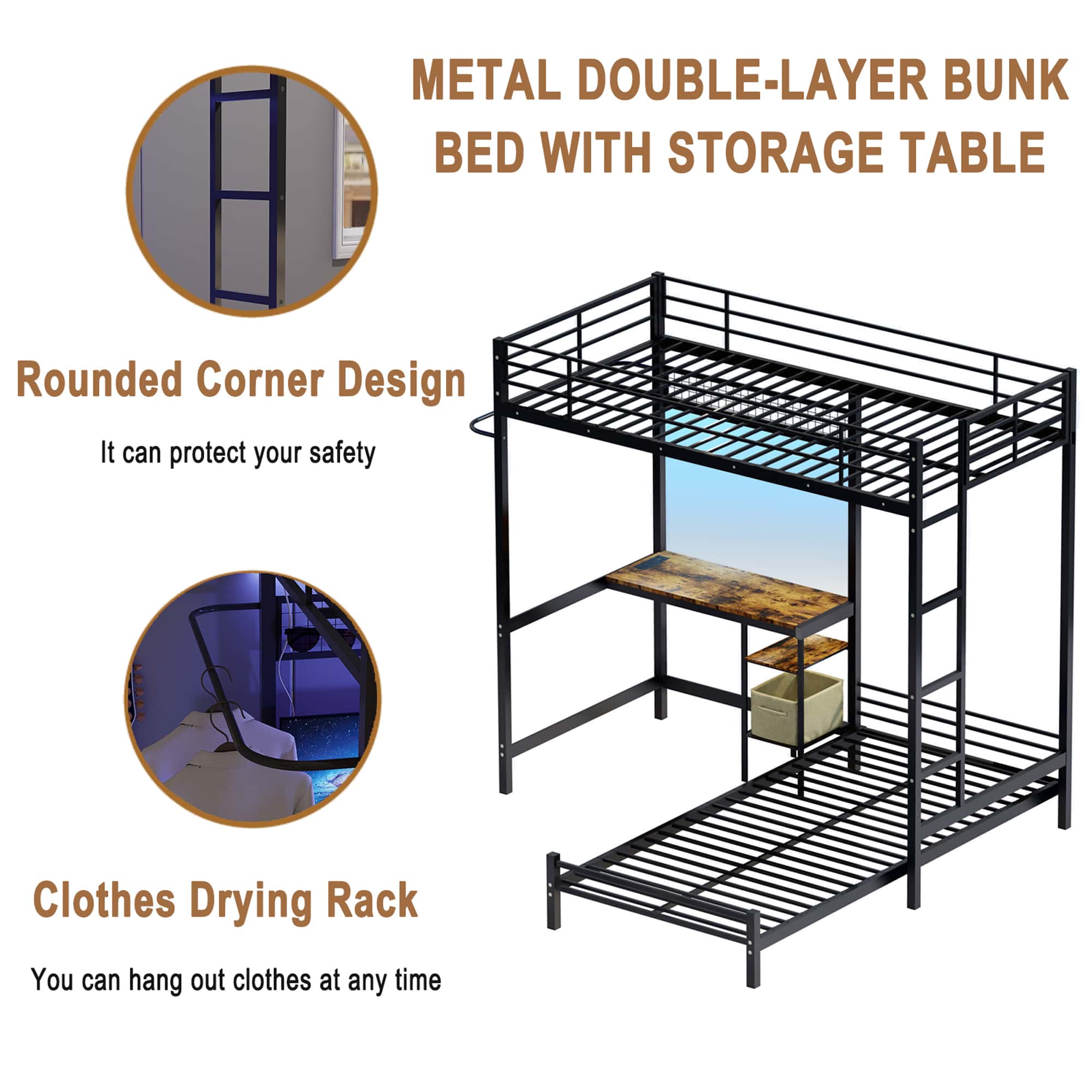Twin Over Twin L-Shaped Metal Bunk Bed with Desk Station, Loft Bed with Storage Shelves Drawers Guardrail Ladder, Sturdy Space-Saving Bunk Bed Black for Bedroom
