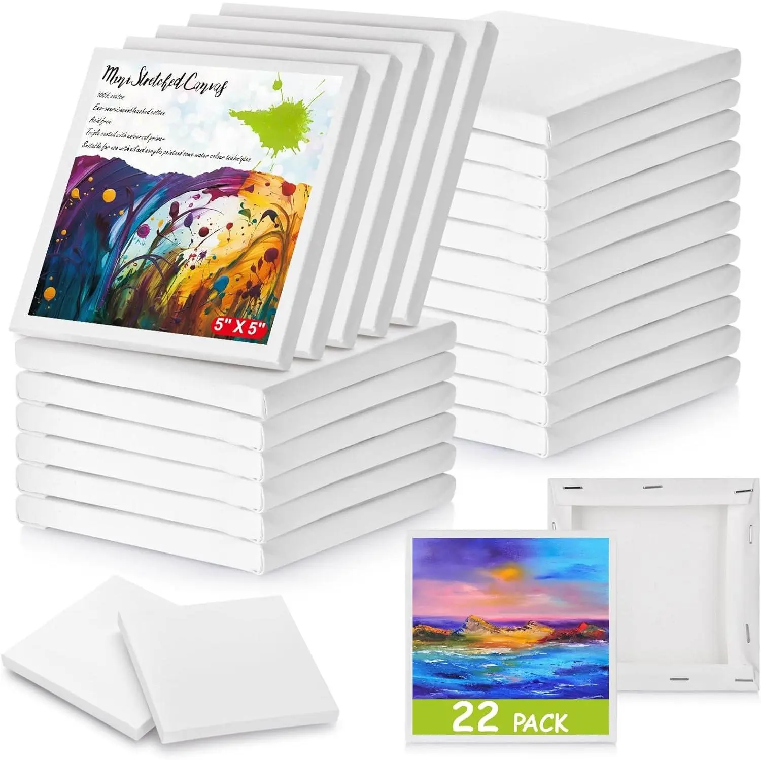22 count Mini Canvases for Painting - 5 x 5 in Bulk Small Square Stretched Canvases, 0.4 in Thick Blank Canvas for Students, Art Supplies, School &  Crafts