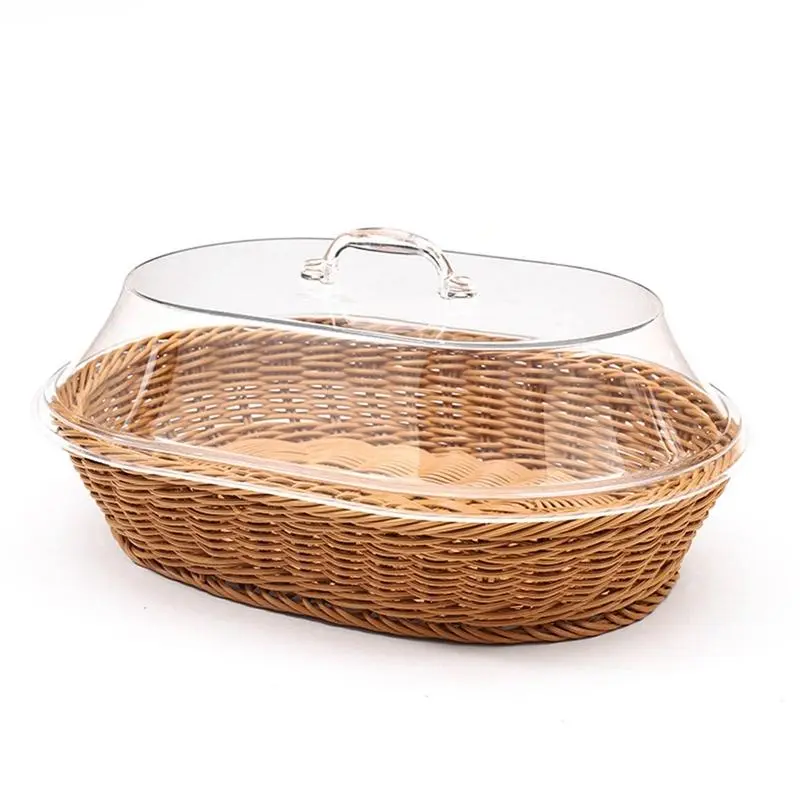 Woven rattan bread basket with acrylic lid, woven tabletop fruit basket with lid, imitation rattan bread basket decoration