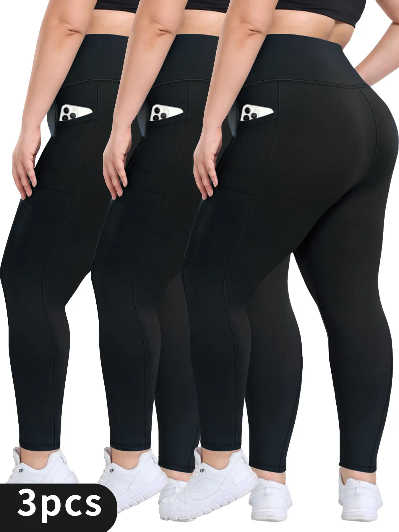 3-pack of solid high-waisted women's yoga pants, comfortable and breathable, sweat absorption, pockets, suitable for leisure, fitness and yoga Gym Workout Sportswear