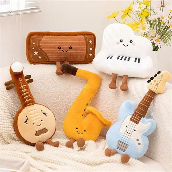 Unisex Cotton Musical Plush Toys - Soft Instrument Shapes (Violin, Guitar, Piano, Round Drum) - Engaging Stuffed Dolls for Kids, Sparking Creativity Instrument Gifts, House Decoration