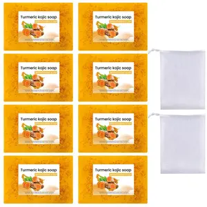 Turmeric Lemon Soap, 8 Counts Deep Cleansing Bathing and Facial Soap with 2 Foaming Nets, Turmeric Brightening Bar, Turmeric Cleansing Soaps, Suitable for Both Men and Women, Cleanser, Skin Care Solution, Body Care Products