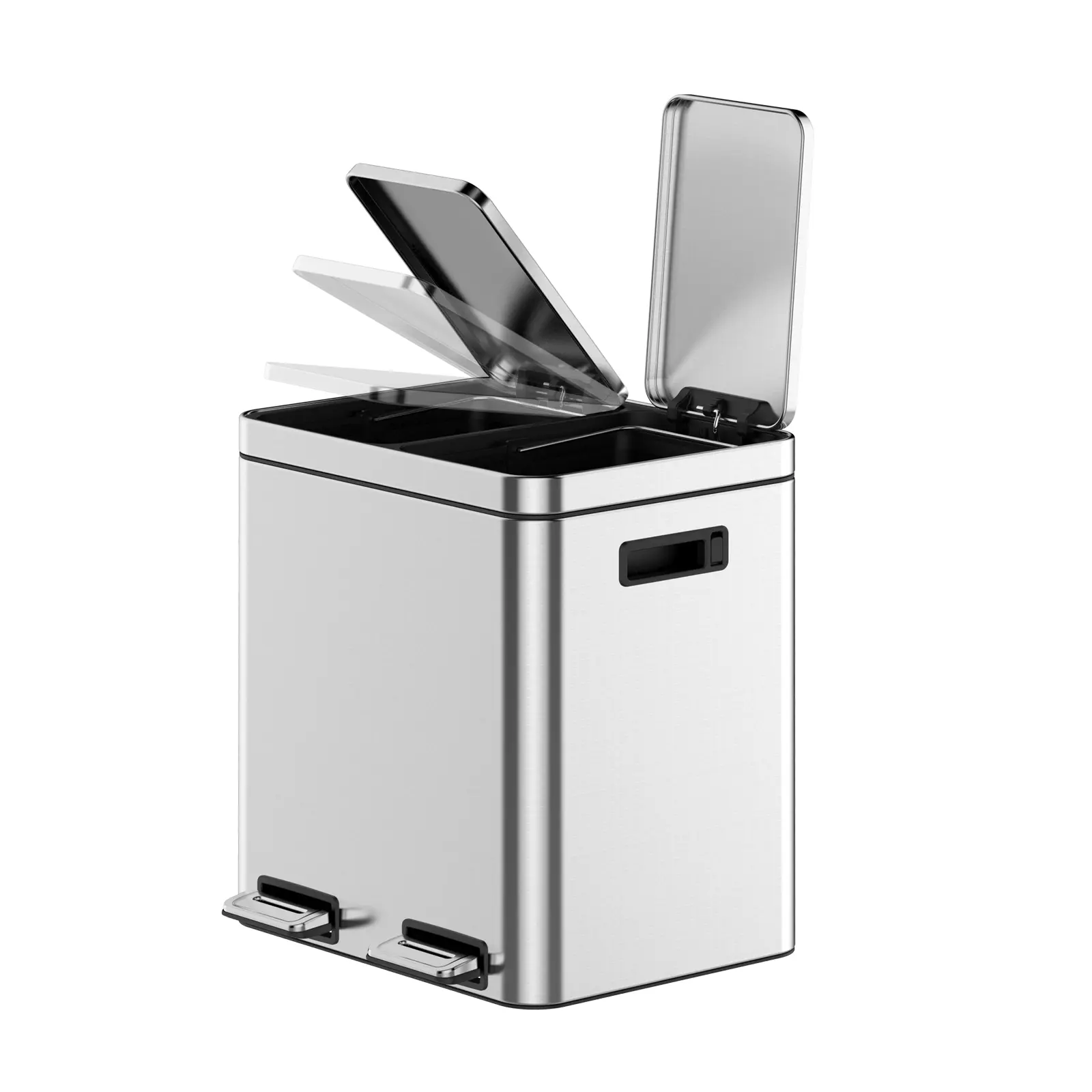 8Gal (30L) Dual Compartment Stainless Steel Step Kitchen Trash Can - 15*2 Configuration, 37.60*42.80*46.80cm, Foot Pedal, Soft-Close Lid, Removable Inner Wastebasket for Home Kitchen Use, 30L 15*2 37.60*42.80*46.80Cm, No
