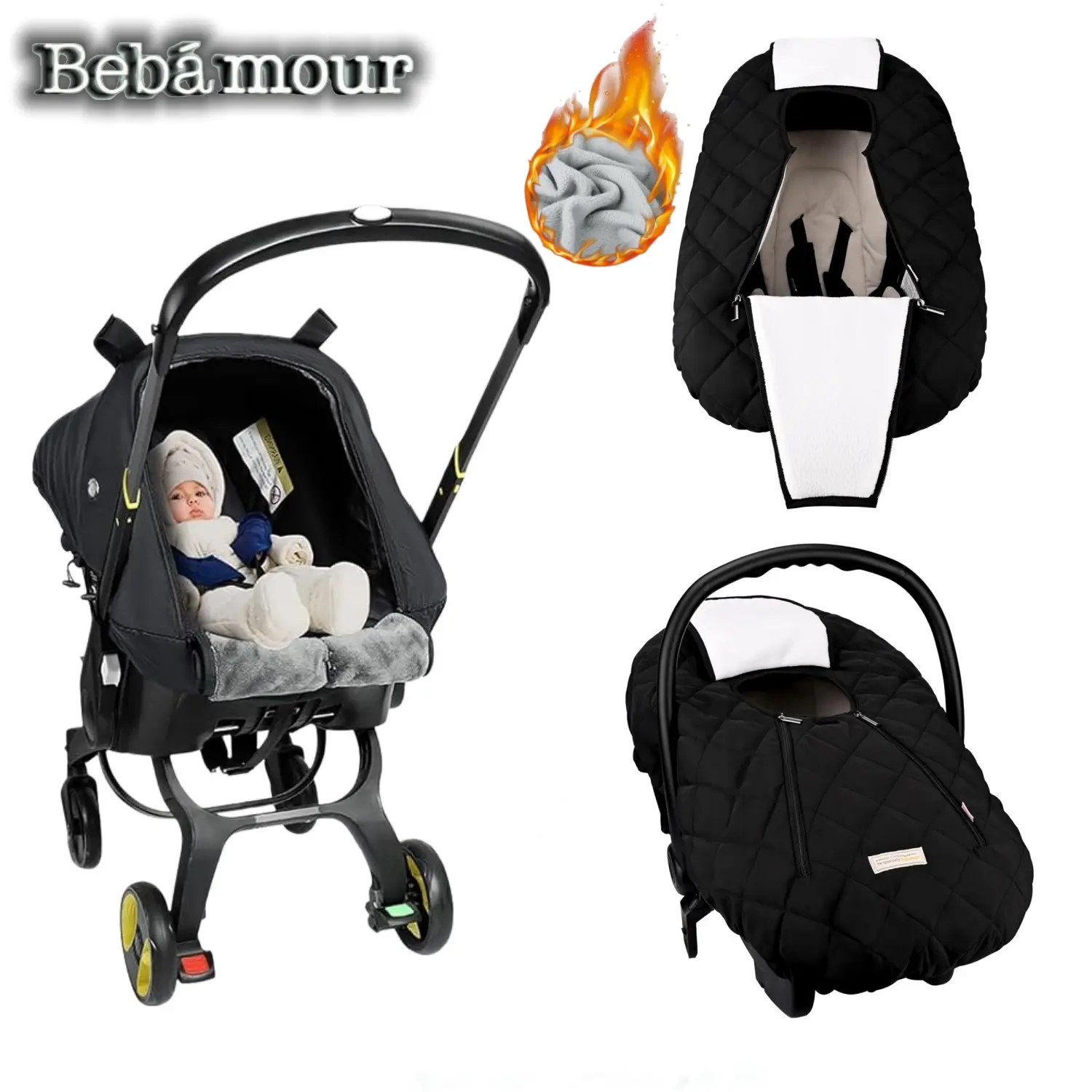 [Summervibes] Bebamour Unisex Windproof Baby Car Seat Cover, Universal Size Winter Cold Weather Shield with Neutral Look & Peek Hole, Warm Cozy Accessory for Newborn Infant Stroller Travel (Black)