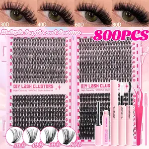 800Pcs/200Pcs Eyelash Clusters Kit, Volume Lashes Kit, Eyelash Extensions, Eyelash Glue, 30D+40D+50D DIY Eyelashes with Bond and Seal, Tweezers, Remover, Brush, Mixed Lengths 9-16mm D-Curl Natural Lash, Individual Eyelashes for Beginners