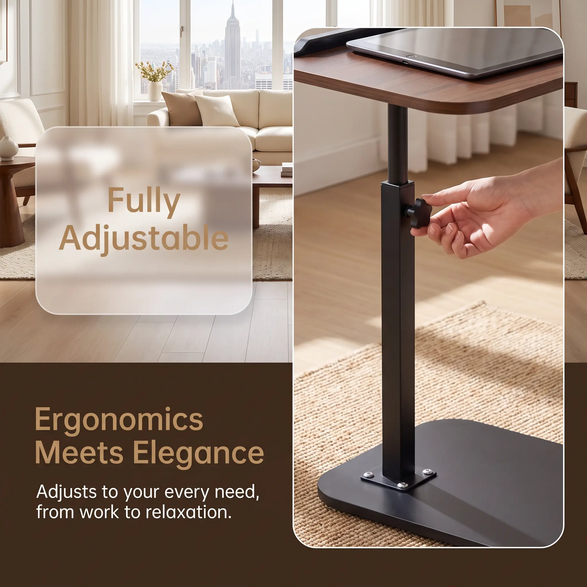 Easy-Fold Modern C-Shaped Side Table - Height-Adjustable 360° Rotating Laptop Desk, Sturdy Metal-Wood Structure Coffee Snack Table, Mobile Workstation for Sofa Couch Living Room