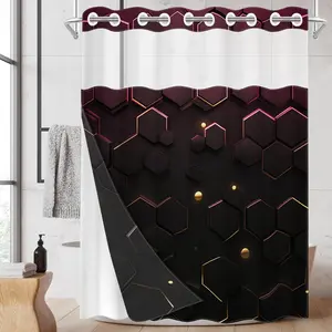 1pc hookless shower curtain with buckle lining, black background with gold glitter geometric honeycomb design, fabric waterproof lining, see-through double-layer, 71 x 74 inches, Shower Curtain Liner