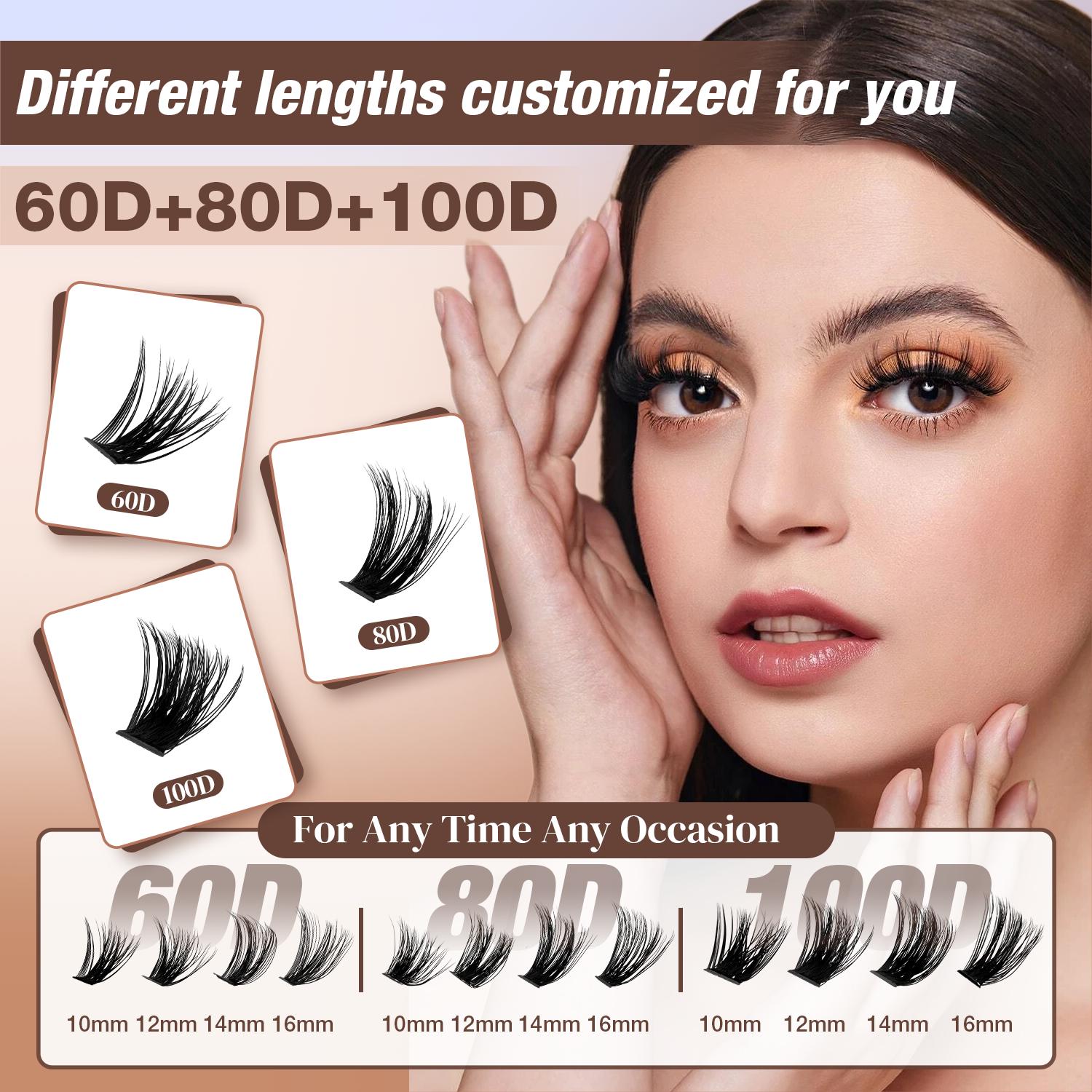 Ailaishi 60D+80D+100D Lash Clusters Kit, 224PCS DlY EyelashExtensions, 10-16mm Dense Volume Lashes with Bond &Seal Remover Tweezers for Self Use