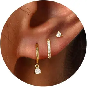 Small Silver Hoop Earrings Set, 3 Pairs ，Hypoallergenic Stud Earrings for Women Trendy,Dainty Cartilage Huggie Dangle Earrings for Multiple Piercing Silver Cubic Zirconia Earring Stacks Jewelry