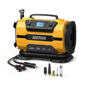 【Valentine's Day Gift】AstroAI Portable Tire Inflator, 150PSI,  12 V DC/120 V AC Dual Power, with Dual Metal Motors & LED Light,Yellow Tool Car Air Compressor
