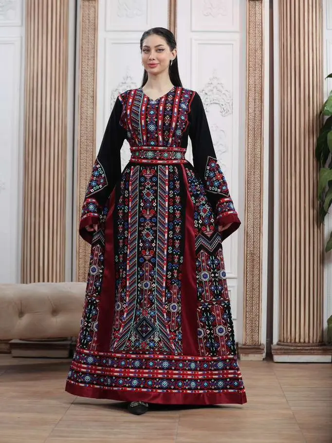 Women's Modest Palestinian Tatreez Embroidery Thobe Dress - Modest Abayas, Long-Sleeves, Elegant, Breathable Crepe & Satin, Maxi Length, Detachable, Black-Burgundy, White-Navy