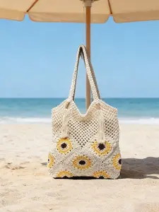 Sunflower Crochet Woven Beach Tote Bag, Hollow Mesh Straw Shoulder Bag, Large Capacity Vacation Handbag for Women, Summer Aesthetic Casual Tote
