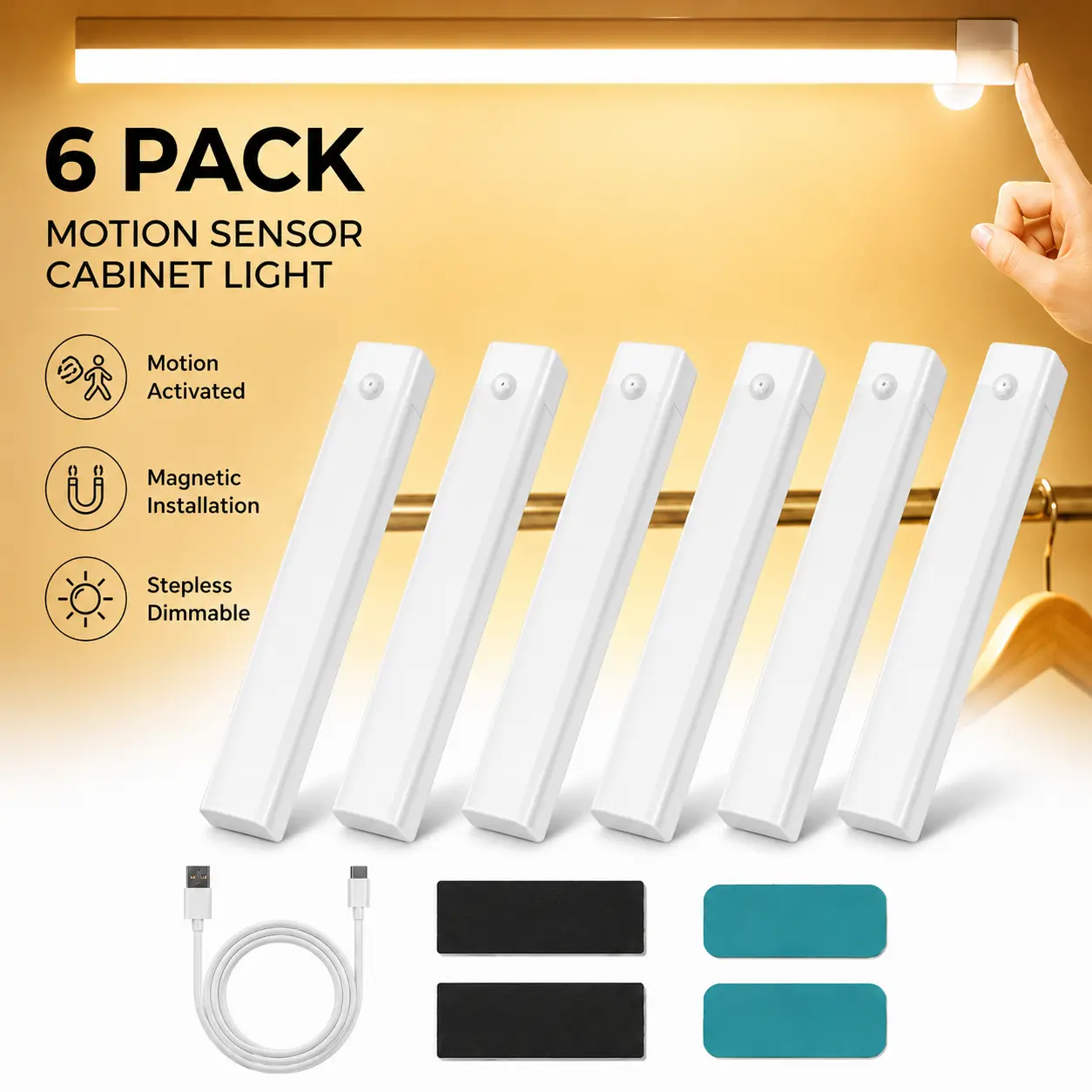 RROETXI 6-Pack Motion Sensor Under-Cabinet Lights - Wireless Battery Powered, Auto On/Off Auto Shut-Off, Dimmable Adjustable Light Beam, Magnetic Base for Kitchen, Closet, Garage