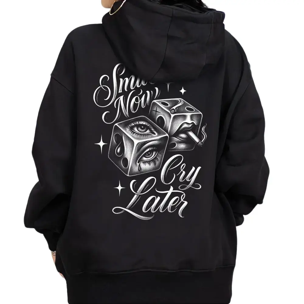 Smile now cry later Chicano Clothing Lowrider Chicana Art Gangster Cholo Outfit Cotton Fabric Menswear Casual Streetwear Hoodie Unisex Loose Fit Style 1510 4