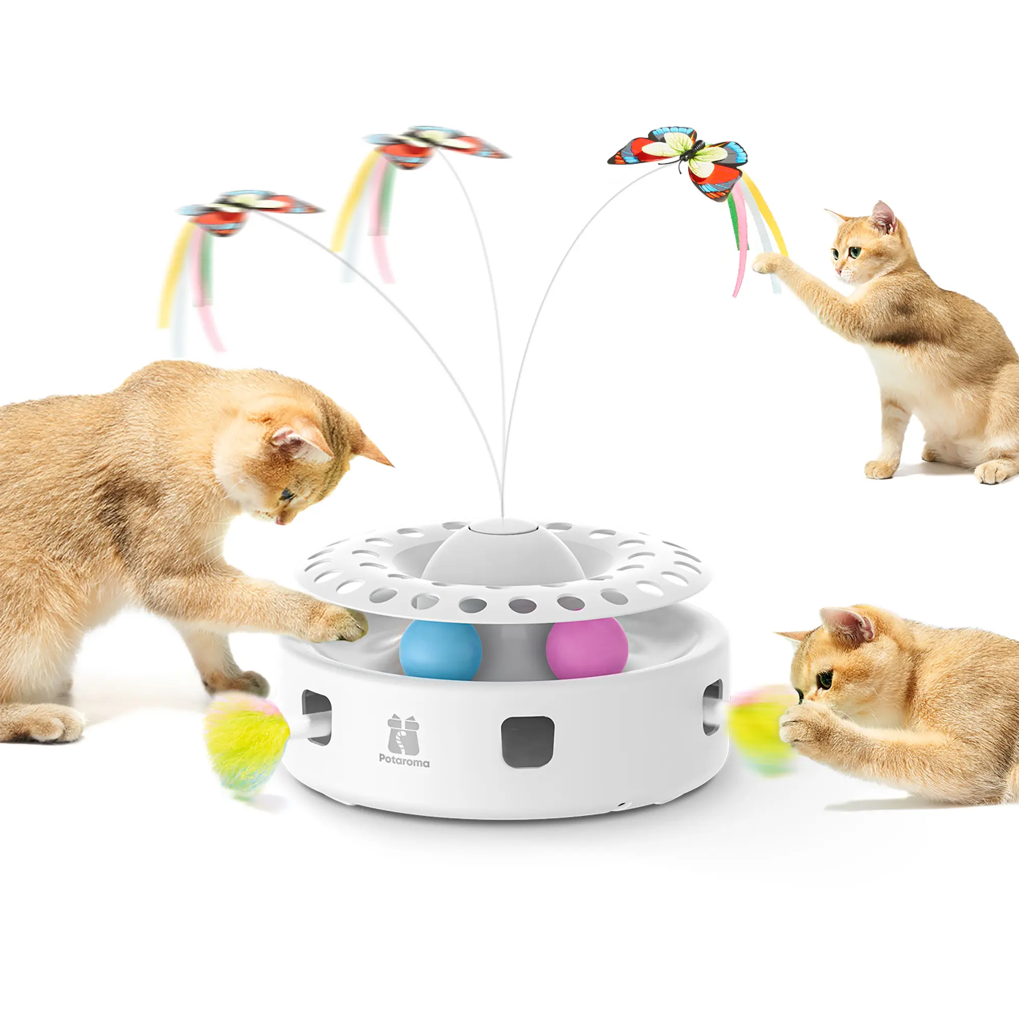 Potaroma 3in1 Cat Toys Automatic Interactive Kitten Toy, Fluttering Butterfly, Moving Ambush Feather, Track Balls, Dual Power Supplies, USB Powered, Indoor Exercise Kicker #SummerVibes #petlovers