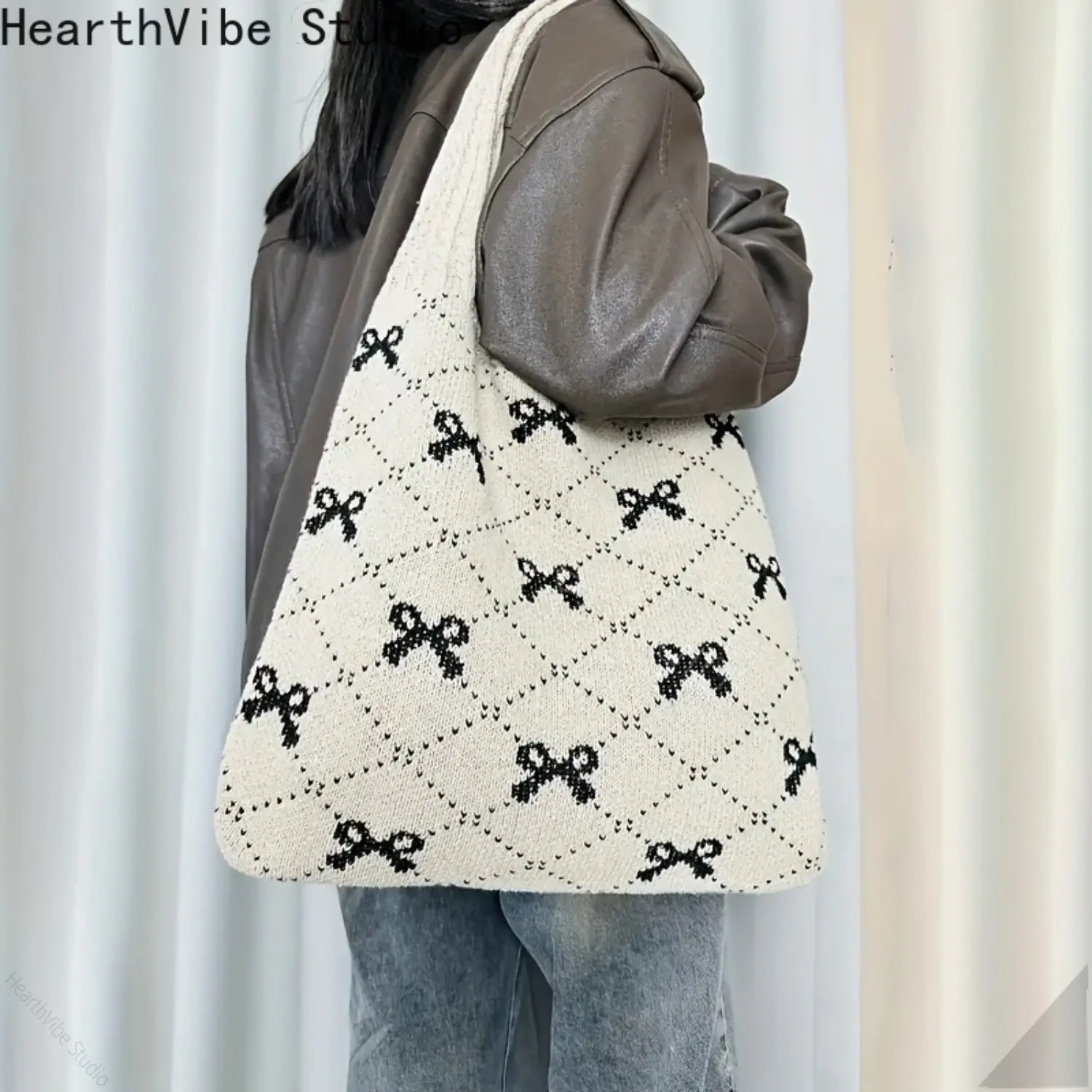 Women's Cute Bowknot Knitted Fabric Tote Bag - Casual Trendy, Stylish Versatile, Sporty Gym, Spacious, Aesthetic, No-Closure Purse Shoulder Bag - Ideal for Daily Sports & Outdoor Gym Use, Casual Trendy Bag, Stylish Versatile Bag