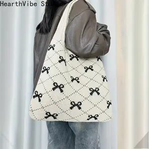 Cute Bowknot Knitted Fabric Tote Bag - Purse Shoulder Bag, Spacious, Stylish, Aesthetic, No-Closure Design - Ideal for Women's Daily Sports & Outdoor Gym Use