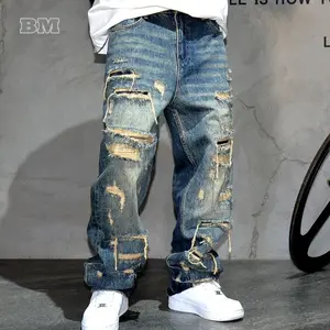 Mens Ripped Baggy Jeans Distressed Streetwear Skateboard Pants Straight Leg Patchwork Urban Fashion Workwear Menswear Asian
