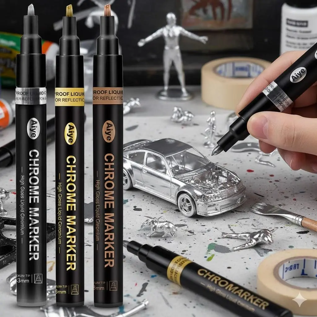 Reflective Chrome Metal Marker Pens for DIY Crafts, Creative Student Stationery, Handmade Metallic Highlighter, Mirror Finish Art Pen, Customizable Writing Tools for School Projects, Shiny Creative Markers.