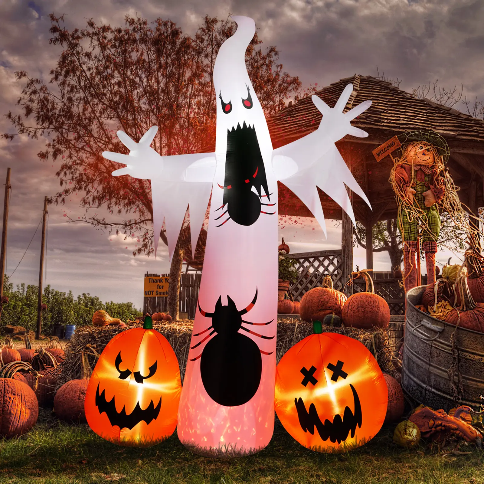 Halloween Inflatable Ghost Pumpkin Spider, Giant Blow Up Outdoor Yard Decoration with LED Lights, Waterproof Polyester for Lawn Garden Party