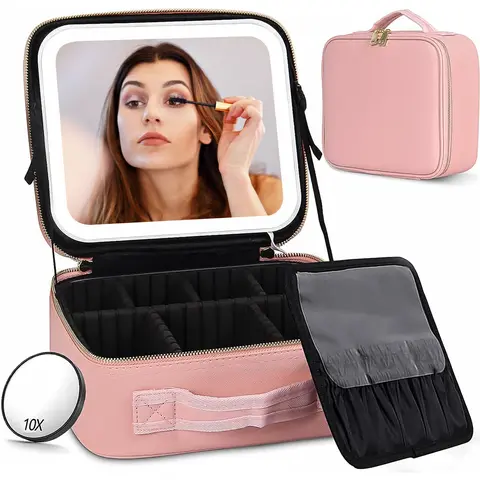 Lighted Makeup Bag with Mirror - Handheld Vanity Bag Organizer, Makeup Storage Organizer with Adjustable Dividers, Smooth Zipper, Quick Access, Batteries Included, Portable Travel Train Case, Ideal GF Gift for Women
