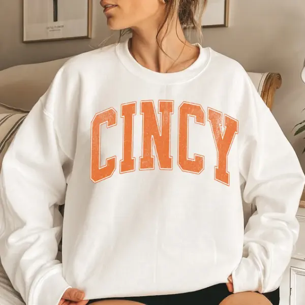 Women's CINCY Fleece Mock-Neck Crew Sweatshirt, Distressed Varsity Style Turtleneck Sweater