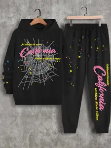 Fashion K2y Letter Print Couple Knit Hoodies, Unisex Casual Fitted Hooded Sweatshirt Set, Stylish Clothing for Men & Women, Fall outfit