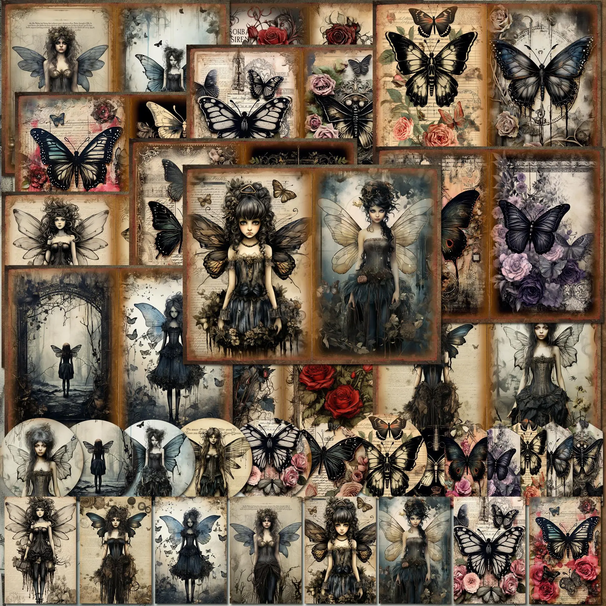 Gothic Butterfly Fairy Pattern Papers & Stickers Set, Sticker Packs, 58pcs/set Including 12pcs Scrapbook Paper & 46pcs Sticker, Perfect for Mini Gift Packaging, Bullet Journaling, Arts Crafts, Scrapbooking Supplies, Scrapbook Accessories, Diy Craft Paper