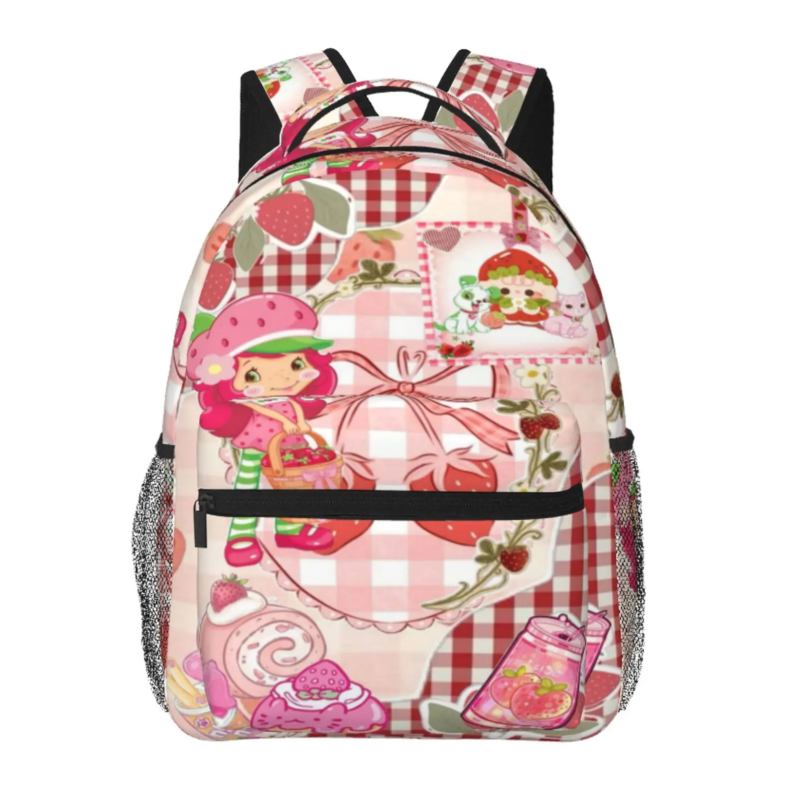 Multi-Compartment Strawberry Shortcake Backpack Large Capacity Strawberry Shortcake School Shoulder Bag for Back-to-School Office Trips Weekend Hiking, Cartoon Casual Strawberry Shortcake Merch Casual Daypack School Bag for Boys Girls Fans & Gift Giving