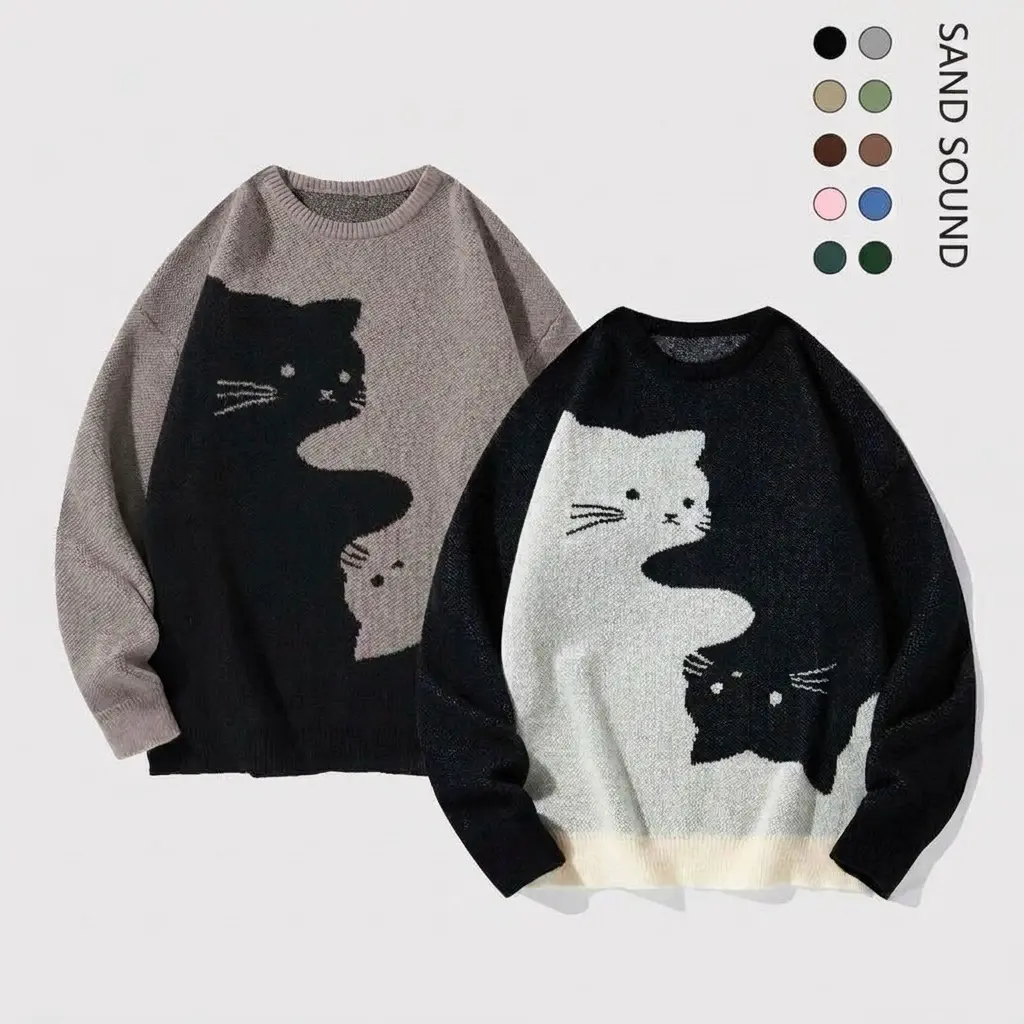 SAND SOUND Men's Crew Neck Knitwear Pullover - Unisex Cute Cartoon Cat Print, Oversized Baggy Polyester Long Sleeve Chic Top, Autumn Winter Casual College-Style Wear, Birthday Gift for BF to Match Jeans,sohochic