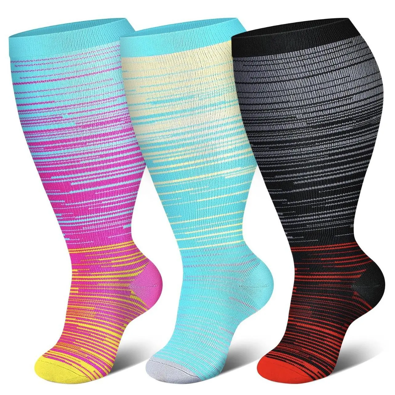 3 Pairs Unisex Knee High Comfort Compression Socks for Daily, Travel, Work and Outdoor Use