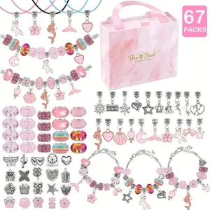67PCS DIY Charm Bracelet Bead Set - 60 Unicorn Mermaid Charms, 3 Bracelets & 3 Necklaces, Perfect Gift for Birthday/Christmas/New Year/Valentine's Day, Bracelet Kit Set