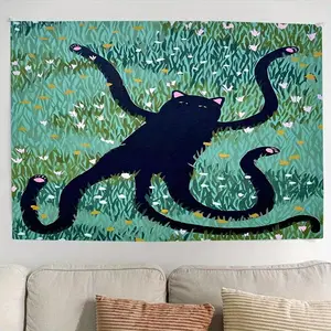 Cute Anime Black Cat Pattern Tapestry - Linen-Cotton Synthetic Blend, Lightweight Polyester, Magical Green Grass Design, 1-Size Home Supplies for Living Room, Bedroom, Outdoors