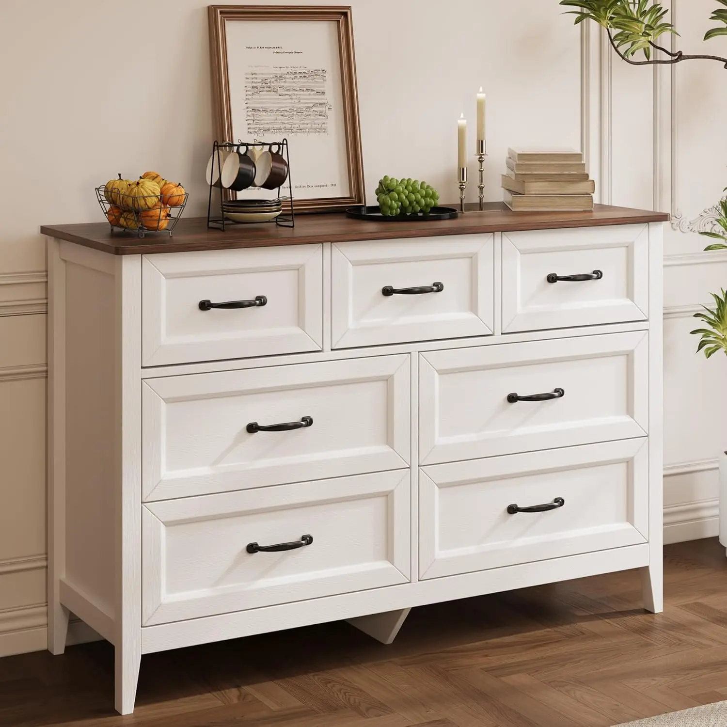 GIZOON Modern Wood Dresser - 47" W White 7-Drawer Storage Chest with Metal Handles, Practical Indoor Cupboard Cabinet for Bedroom, Hallway