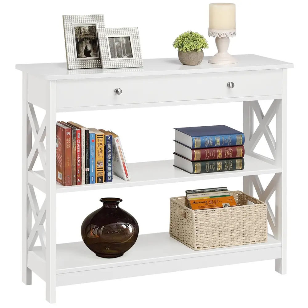 Yaheetech Wooden Console Table with 1 Drawer and 2 Open Shelves Versatile Entryway Table with Problem-free Setup Classic Modern Style Doorway Table