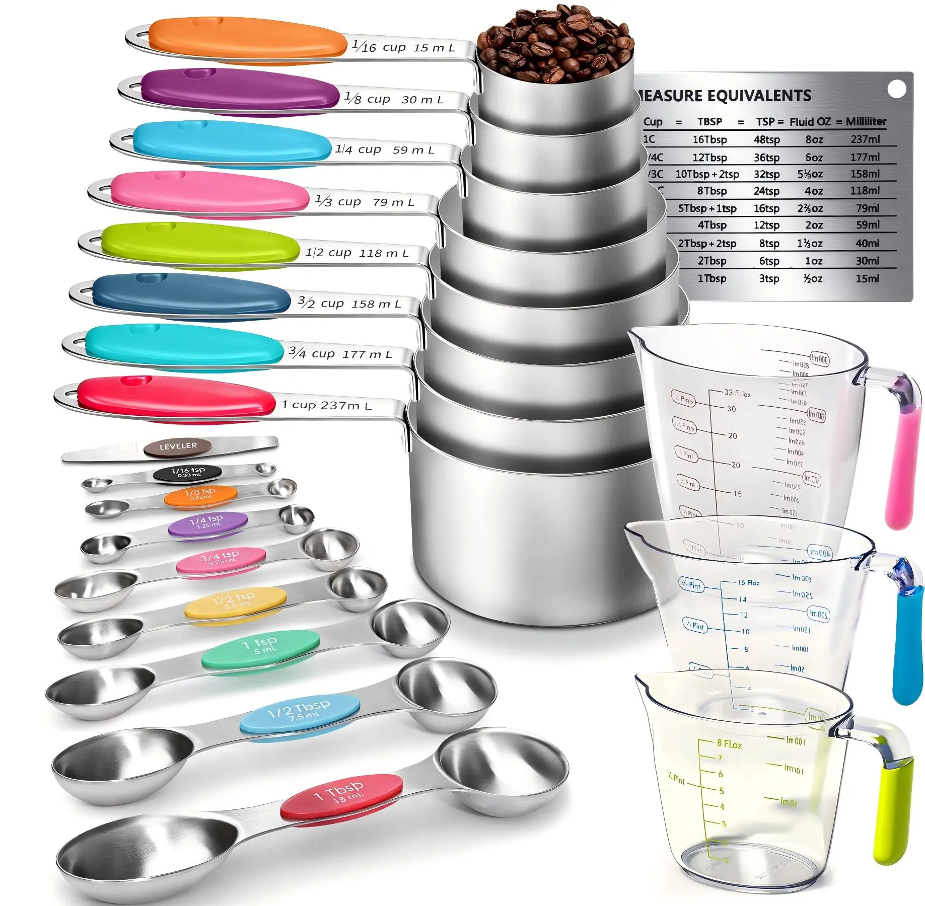 Sturdy Durable Measuring Cups and Spoons Set - Plastic & Stainless Steel Utensils, Conversion Chart Included, Colorful Handles, No Battery, Precise Measurement for Cooking & Baking