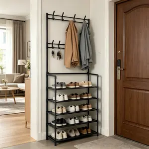 Nordic style white coat, hat, and shoe rack integrated floor standing hanging rack, multi-layer shoe rack, entrance storage rack (68in * 24in * 10.23in)